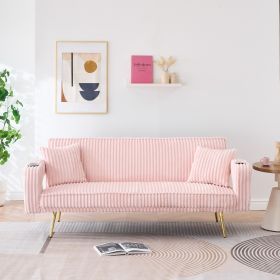 The straight-row white corduroy sofa with throw pillows, featuring a minimalist style, is suitable for the living room and study