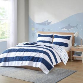 3 Piece Coastal Reversible Navy Blue White Sharks Cotton Quilt Set (size: Full/Queen)