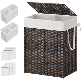 Rattan 24-Gal Laundry Hamper Basket w/ 2-Compartment Washable Liner Bag (Color: Brown)