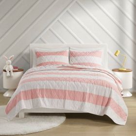 3 Piece Pink White Stripe Reversible Rainbows Cotton Quilt Set (size: Full/Queen)